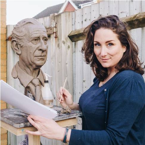 Keziah Burt with King Charles clay bust