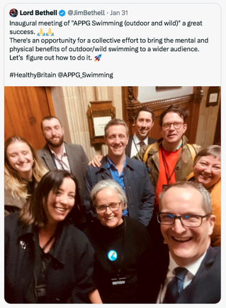 Tweet capture from Lord Bethell. Reads, Inaugural meeting of APPG Swimming outdoor and wild a great success. There's an opportunity for a collective effort to bring the mental and physical benefits of outdoor swimming to a wider audience.