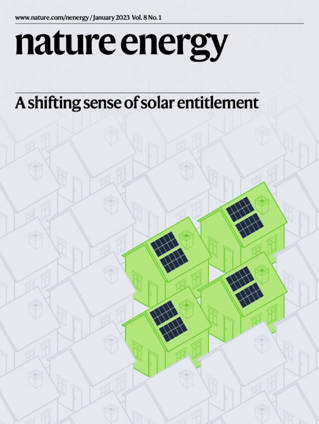 Cover of Nature Energy for January 2023 featuring silhouettes of identical houses, four of which are coloured green with a solar panel fixed to the roof. Title reads Nature Energy and sub heading A shifting sense of solar entitlement