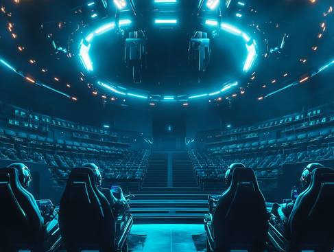 A futuristic gaming environment with four seats facing into a room