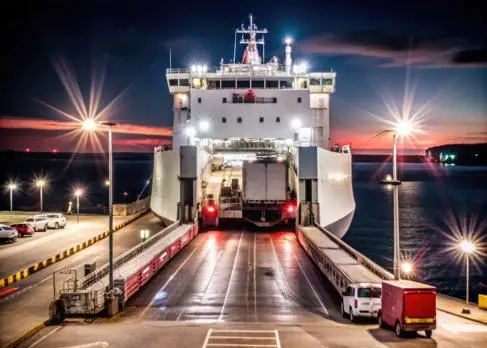 A cargo ship being loaded at night
