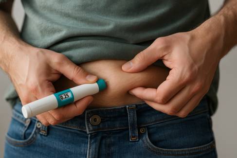 A man injects his stomach with a weight-loss pen