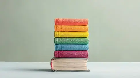 A stack of books painted red, orange, yellow, green, blue and purple