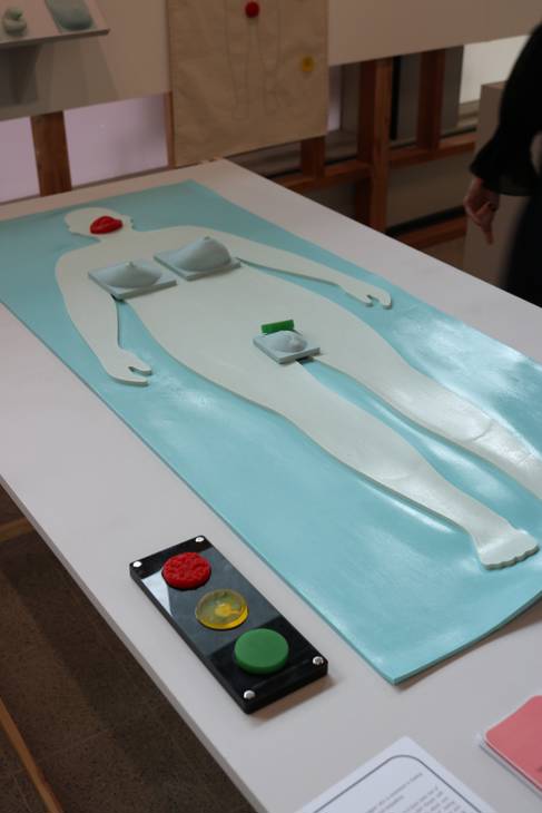 Blue 2D body mat, with 3D anatomical parts. Placed to the left is a traffic light system with green, red, and orange markers.