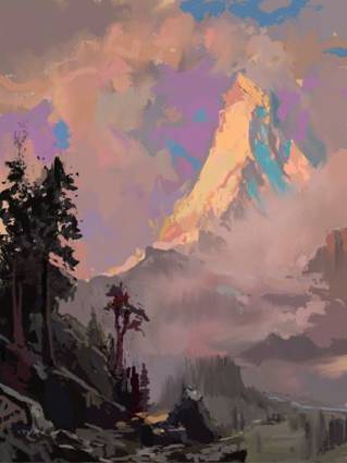 Digital painting of a tall mountain with a forest  on the right
