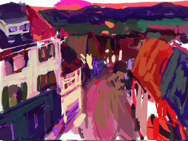 Digital painting of a historic town surrounded by hills, in colours of pink, red and blue