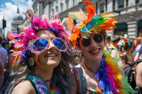 Two women smile at pride festival