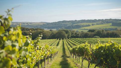 Rows of grapevines stretching across rolling hills, with sunlight illuminating the vines and a clear sky above