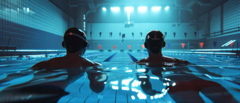 Visually Impaired Swimmer and Guide in Olympic Pool Preparing for Relay Race