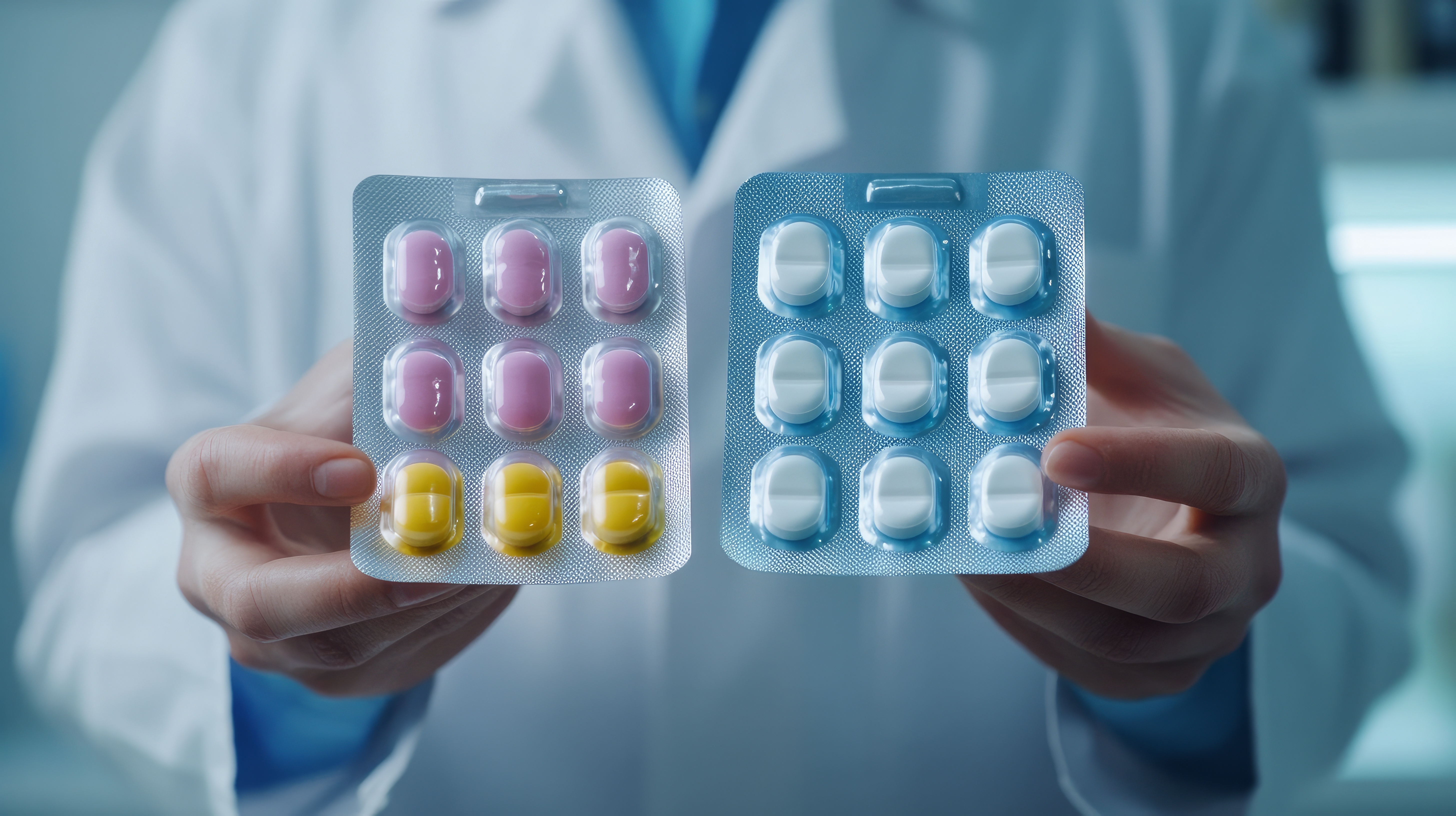 A pair of hands in a lab coat hold up two packets of pills, one colourful and one not