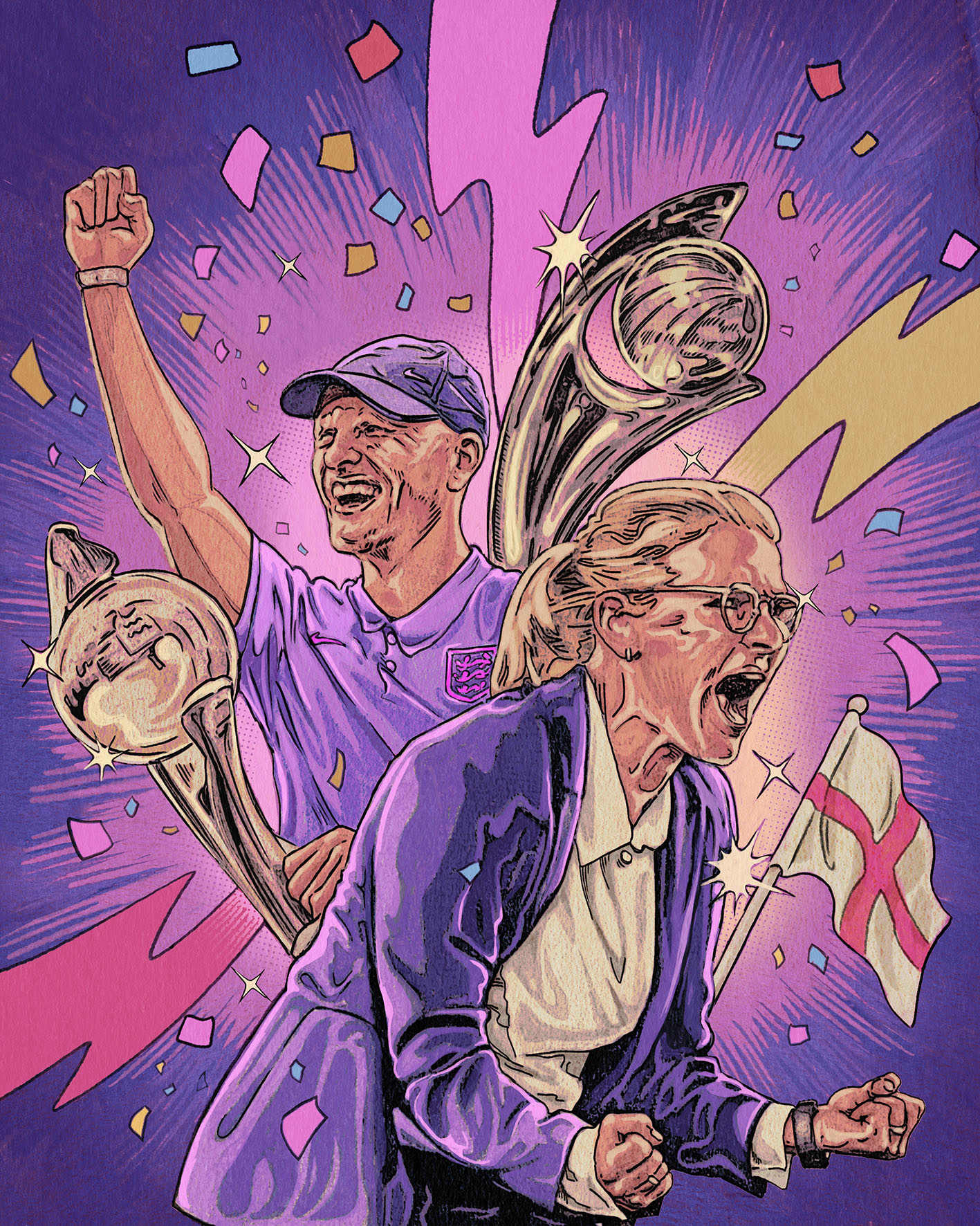 Illustration of a man and a woman celebrating. Colours of purple and pink. It's to celebrate the Lionesses winning the Euros
