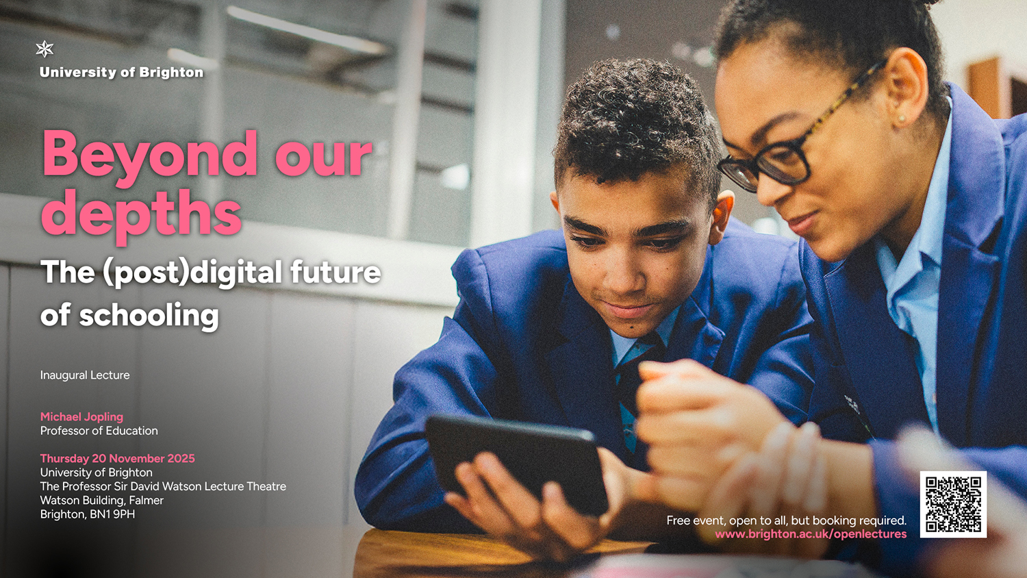 Two students looking at a phone, with the words: Beyond our depths: The (post)digital future of schooling