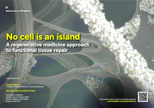 Poster for Susan Sanderman lecture. Text with a picture of cells as the background.