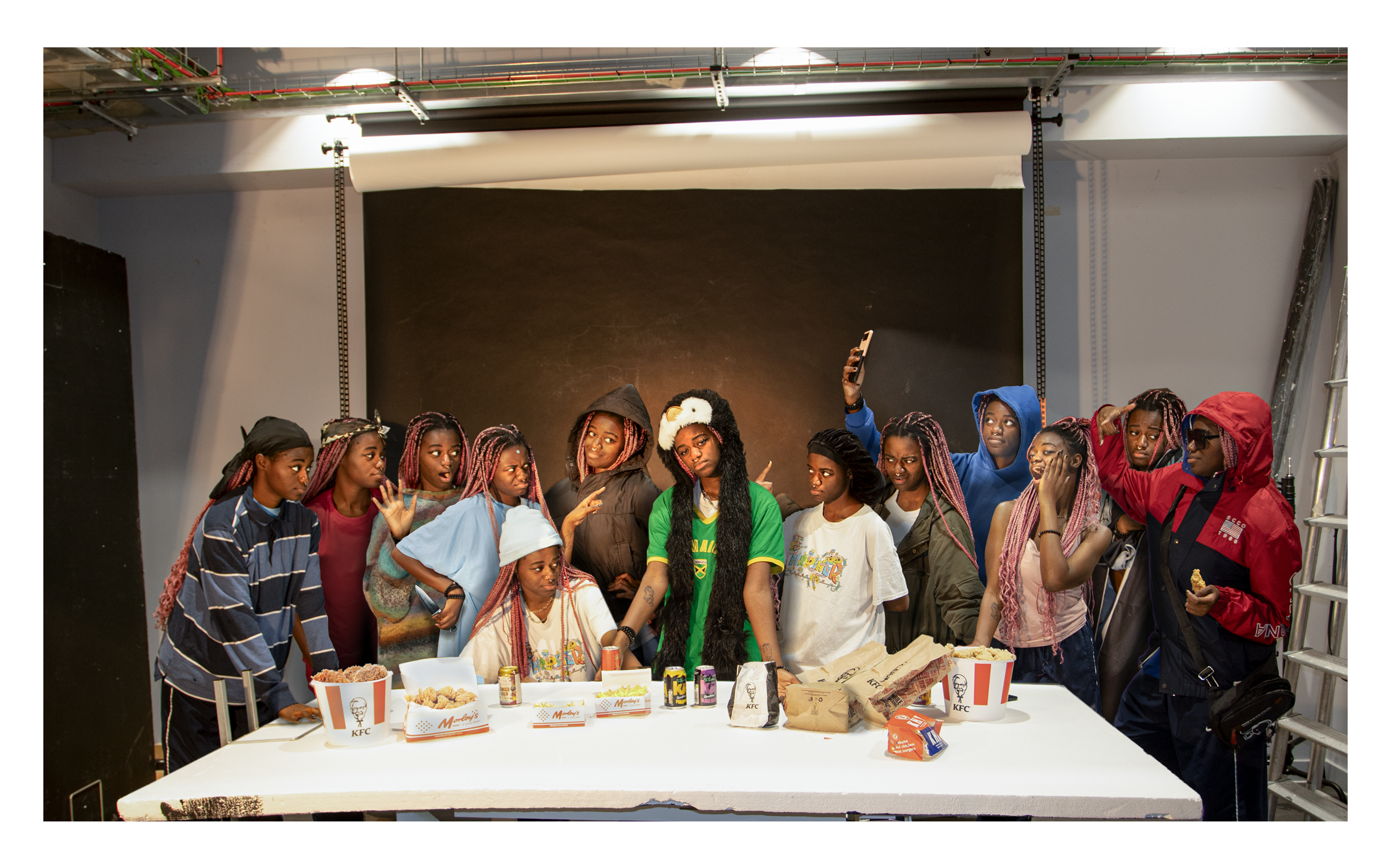 The same young Black woman (wearing different outfits) stands around a banquet table, in the style of the famous painting: The Last Supper.