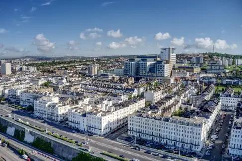An aerial view of Brighton seafront and the Royal Sussex County Hospital