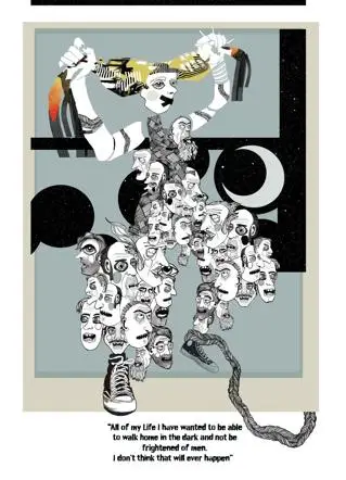 An illustration of a woman pulling her hair out. Weighing her body down are pictures men's faces.