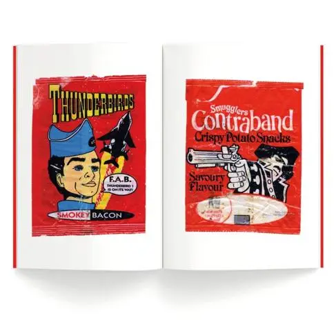 Book pages displaying vinatge crisp packets, Thunderbirds and Smugglers Contraband