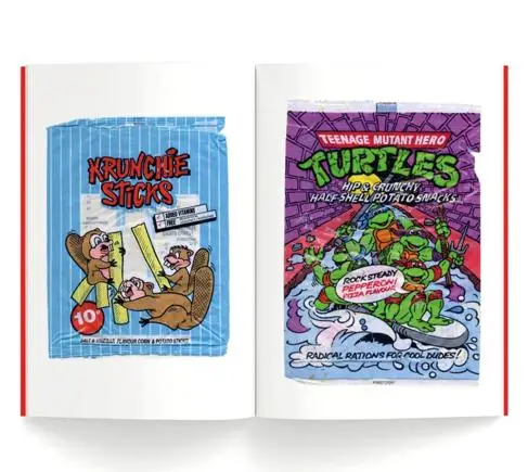 Book pages displaying vintage crisp packets, Krunchie Sticks and Teenage Mutant Ninja Turtles