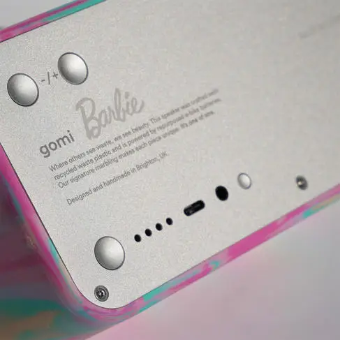 The back of a speaker reading Gomi x Barbie