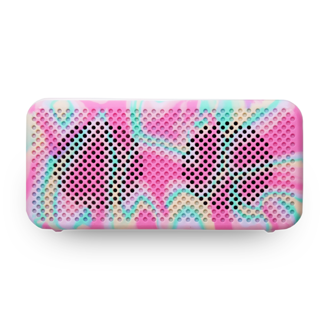 A mottled blue and pink speaker