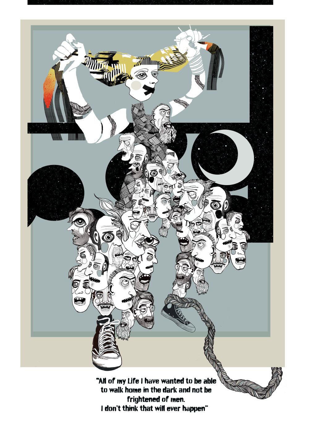 An illustration of a woman pulling her hair out. Weighing her body down are pictures men's faces.