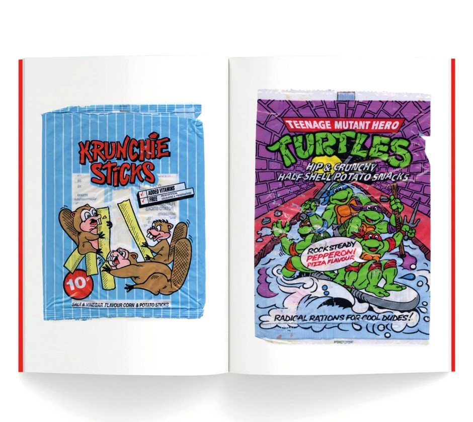 Book pages displaying vintage crisp packets, Krunchie Sticks and Teenage Mutant Ninja Turtles