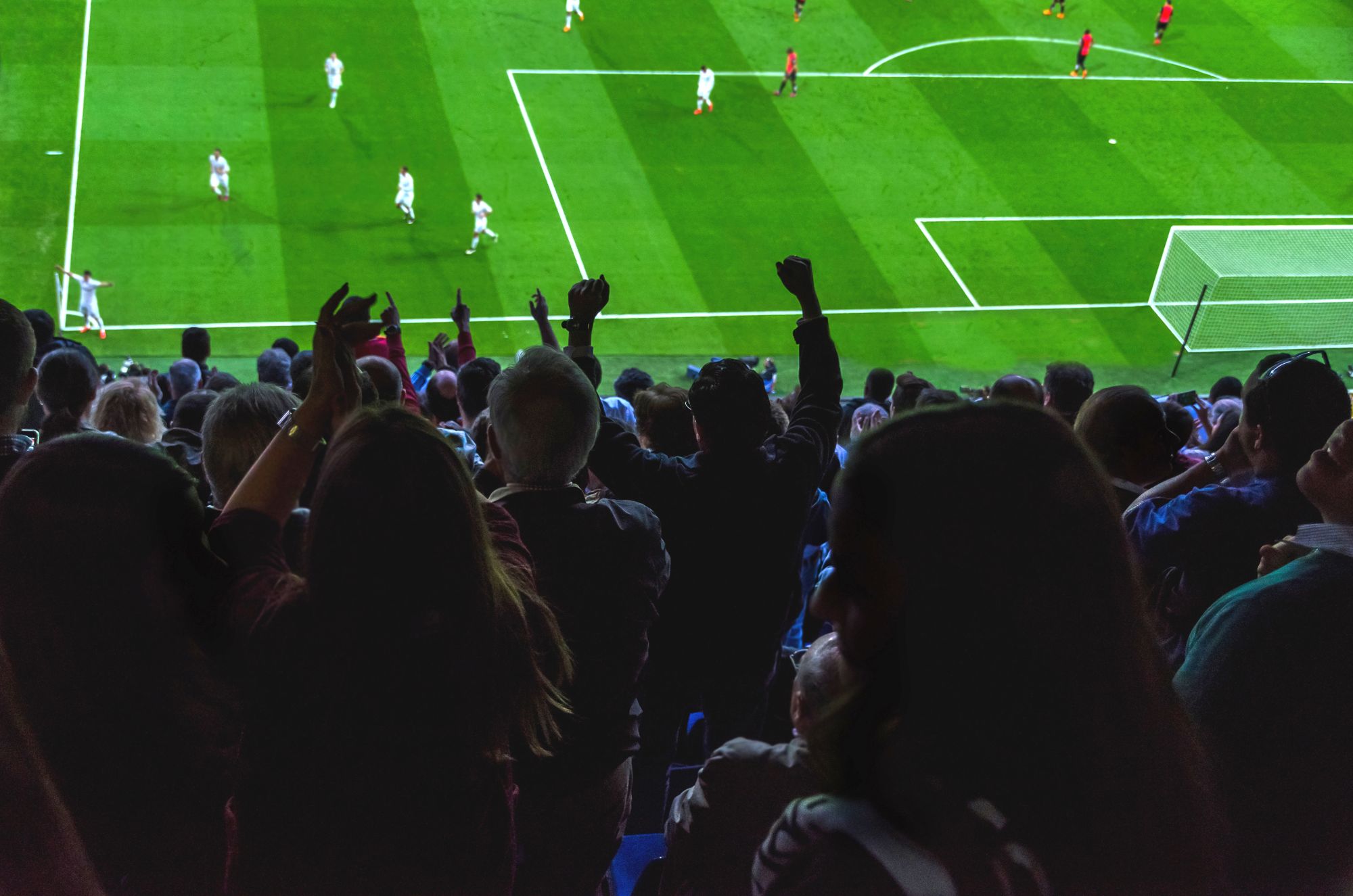 Football fans put their hands in the air in a stadium