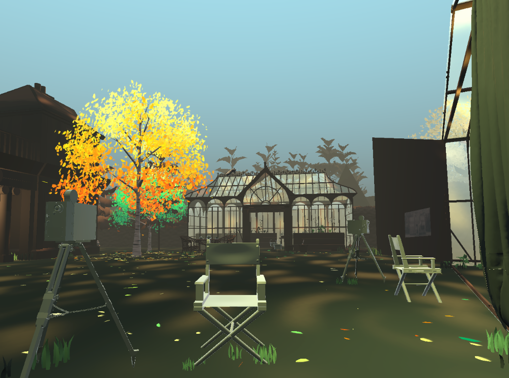 Virtual reality game showing a tree, some deck chairs and a glass greenhouse