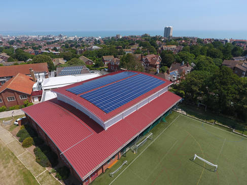 Aerial view of Hillbrow Sports Centre in Eastbourne showing the solar panels