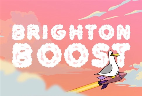 Illustration of a seagull on a rocket with the words: Brighton Boost