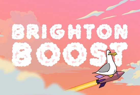 Picture of seagull on a rocket with words Brighton Boost