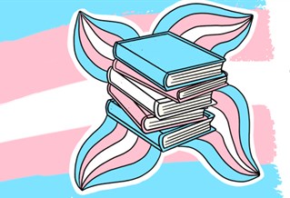 Illustration of a stack of books in Trans Pride colours (pink, blue and white)