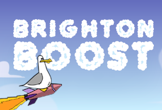 Seagull on a rocket with the words: Brighton Boost