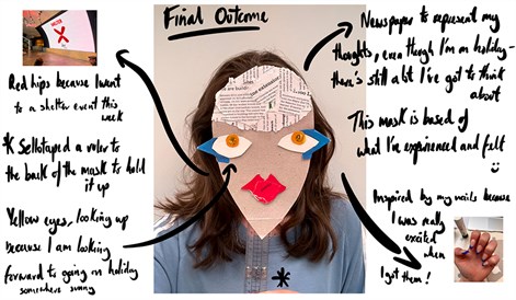 Person holding a mask, made of collage, in front of their face